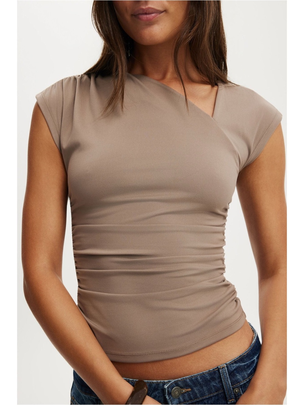 Cotton On Taupe Cap-Sleeve Ruched Crop Top - Picture 3 of 10